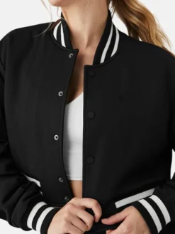 Womens Black Cropped Baseball Varsity Jacket Buttoned