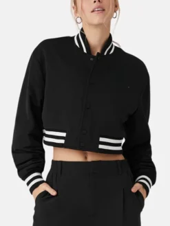 Womens Black Cropped Baseball Varsity Jacket Main
