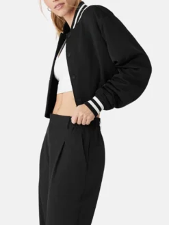 Womens Black Cropped Baseball Varsity Jacket Side