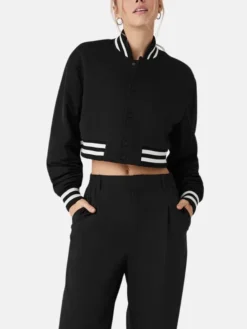 Womens Black Cropped Baseball Varsity Jacket Stand