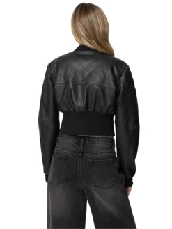 Womens Black Cropped Leather Bomber Jacket Back