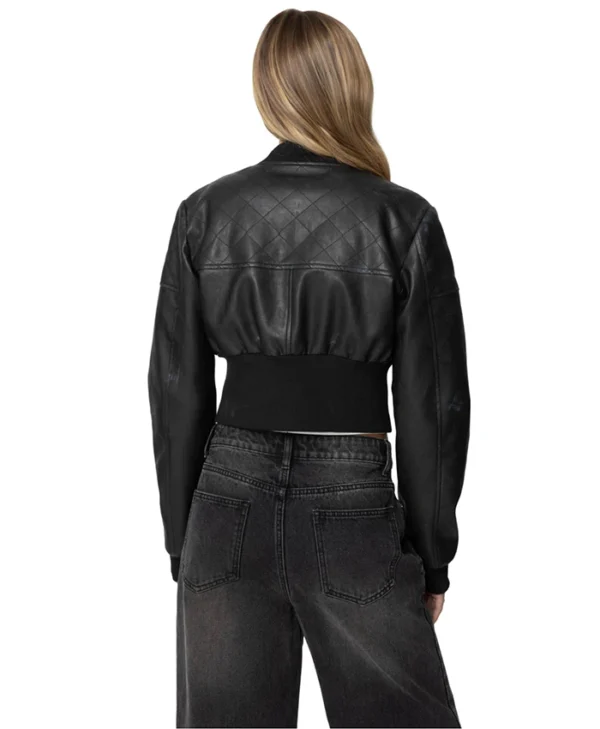Womens Black Cropped Leather Bomber Jacket Back
