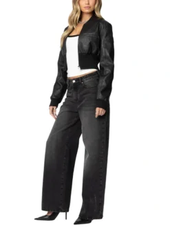 Womens Black Cropped Leather Bomber Jacket Front side