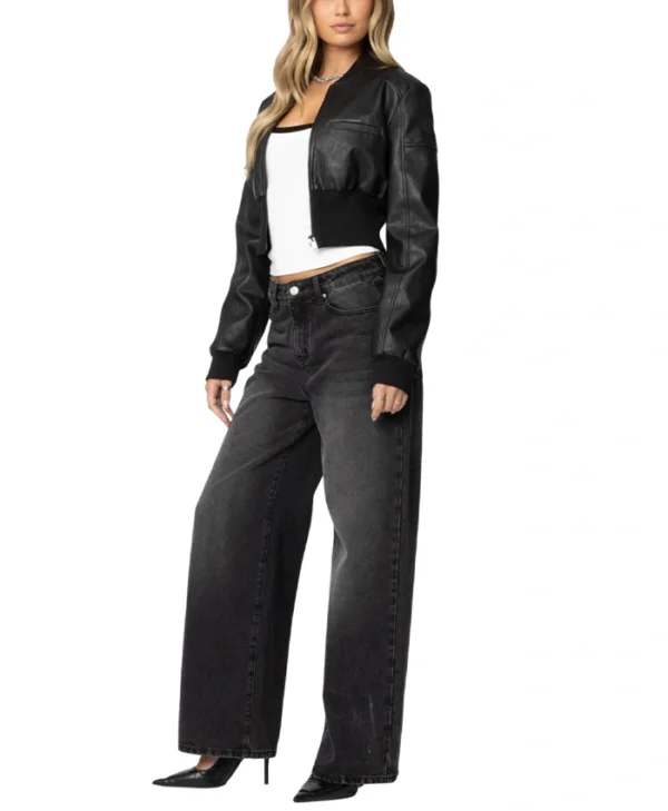 Womens Black Cropped Leather Bomber Jacket Front side