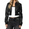 Womens Black Cropped Leather Bomber Jacket Main