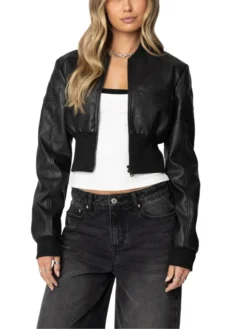 Womens Black Cropped Leather Bomber Jacket Main