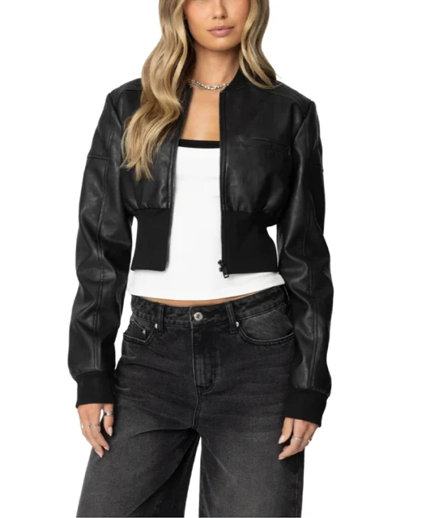 Womens Black Cropped Leather Bomber Jacket Main