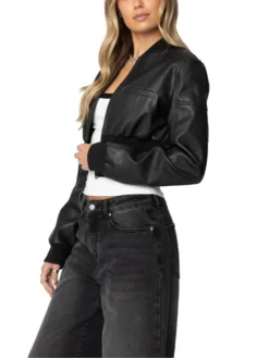 Womens Black Cropped Leather Bomber Jacket Side