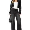 Womens Black Cropped Leather Bomber Jacket Stand Up