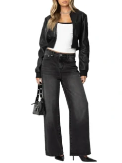 Womens Black Cropped Leather Bomber Jacket Stand Up