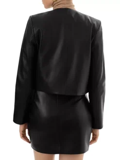 Womens Black Cropped Round Collar Leather Jacket Back
