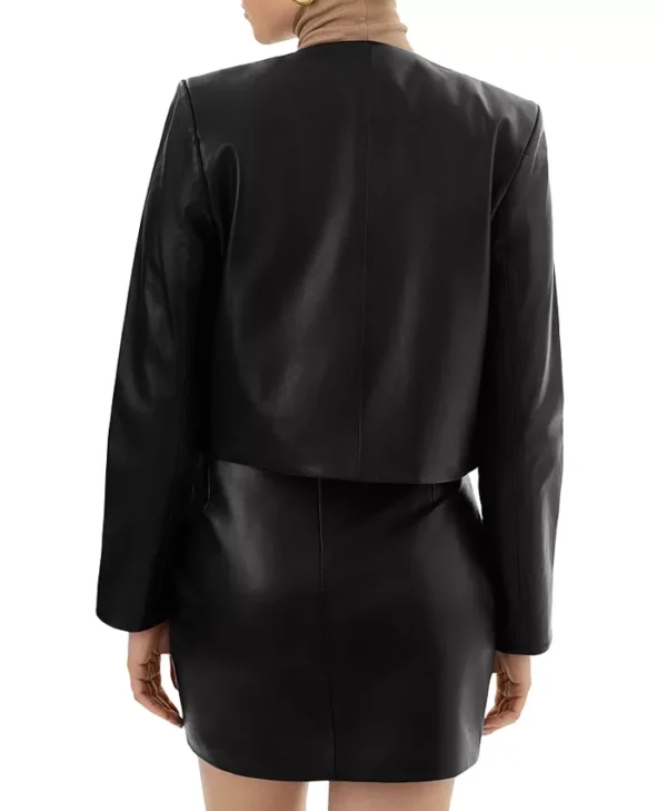 Womens Black Cropped Round Collar Leather Jacket Back