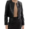 Womens Black Cropped Round Collar Leather Jacket Main