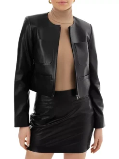 Womens Black Cropped Round Collar Leather Jacket Main