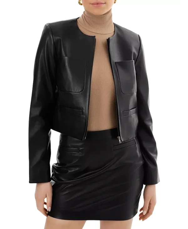 Womens Black Cropped Round Collar Leather Jacket Main