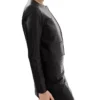 Womens Black Cropped Round Collar Leather Jacket Side