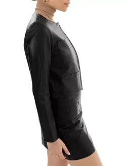 Womens Black Cropped Round Collar Leather Jacket Side