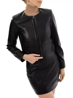 Womens Black Cropped Round Collar Leather Jacket Style