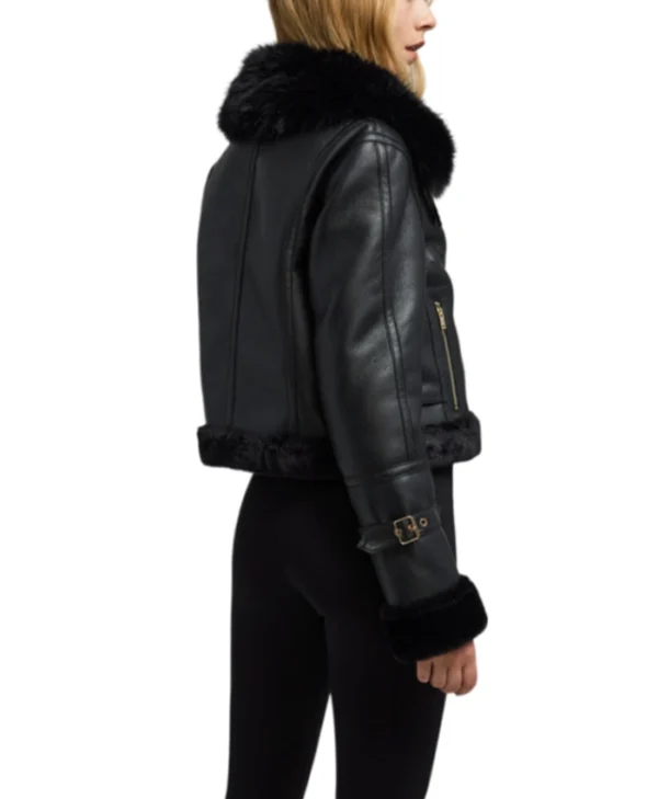 Womens Black Cropped Shearling Aviator Leather Jacket Back