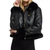 Womens Black Cropped Shearling Aviator Leather Jacket Main