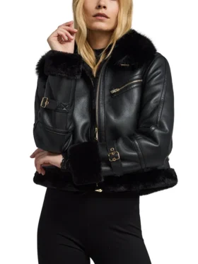 Women's Black Cropped Shearling Aviator Leather Jacket Main