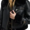 Womens Black Cropped Shearling Aviator Leather Jacket Pockets