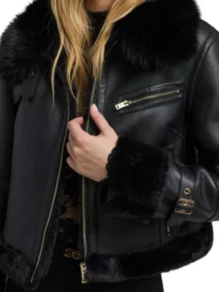 Womens Black Cropped Shearling Aviator Leather Jacket Pockets