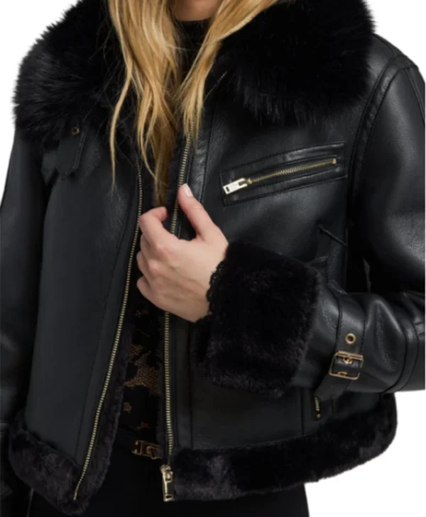 Womens Black Cropped Shearling Aviator Leather Jacket Pockets