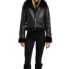 Womens Black Cropped Shearling Aviator Leather Jacket Stand Up