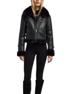 Womens Black Cropped Shearling Aviator Leather Jacket Stand Up