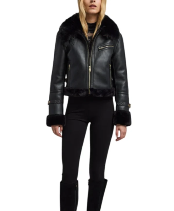 Womens Black Cropped Shearling Aviator Leather Jacket Stand Up