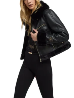 Womens Black Cropped Shearling Aviator Leather Jacket Style