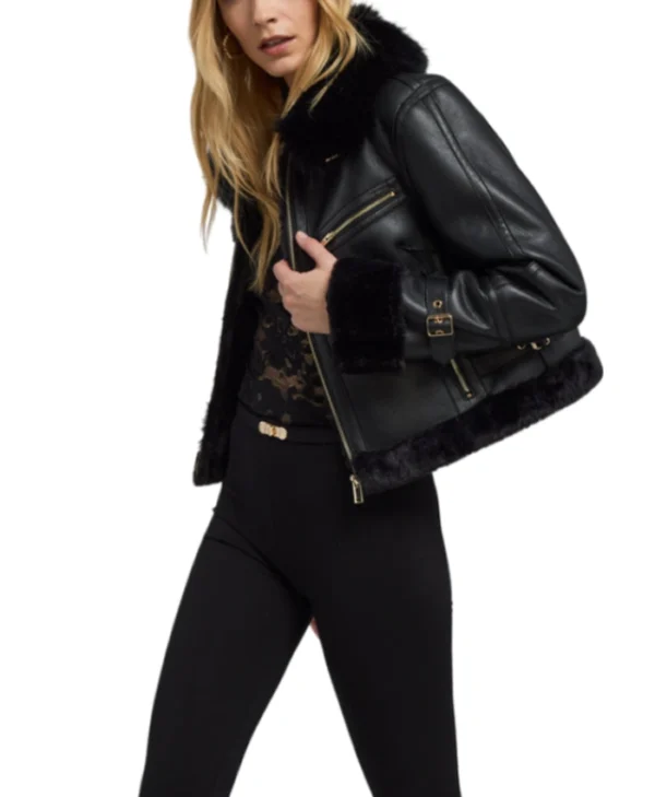 Womens Black Cropped Shearling Aviator Leather Jacket Style