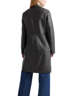 Womens Black Leather Long Buttoned Trench Coat Back