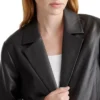 Womens Black Leather Long Buttoned Trench Coat Collar