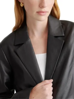 Womens Black Leather Long Buttoned Trench Coat Collar