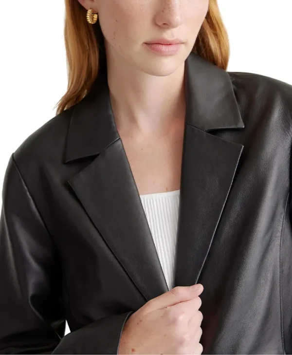 Womens Black Leather Long Buttoned Trench Coat Collar