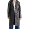 Womens Black Leather Long Buttoned Trench Coat Main