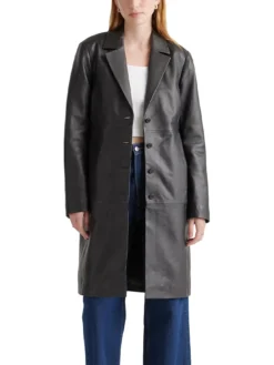 Womens Black Leather Long Buttoned Trench Coat Main