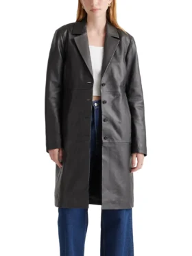 Womens Black Leather Long Buttoned Trench Coat Main