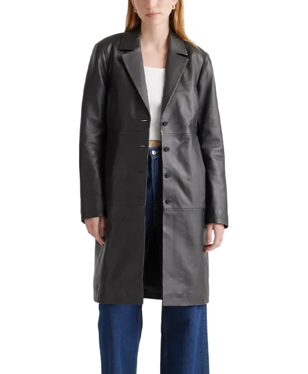 Womens Black Leather Long Buttoned Trench Coat Main