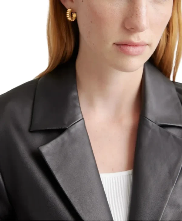 Womens Black Leather Long Buttoned Trench Coat Notch