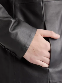 Womens Black Leather Long Buttoned Trench Coat Pockets