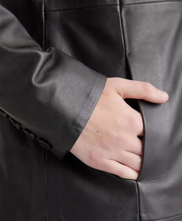 Womens Black Leather Long Buttoned Trench Coat Pockets