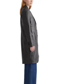 Womens Black Leather Long Buttoned Trench Coat Side