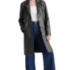Womens Black Leather Long Buttoned Trench Coat Style