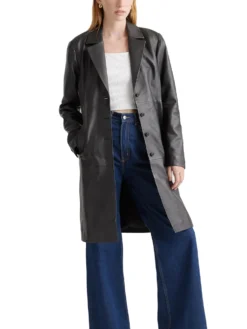 Womens Black Leather Long Buttoned Trench Coat Style