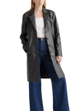 Womens Black Leather Long Buttoned Trench Coat Style