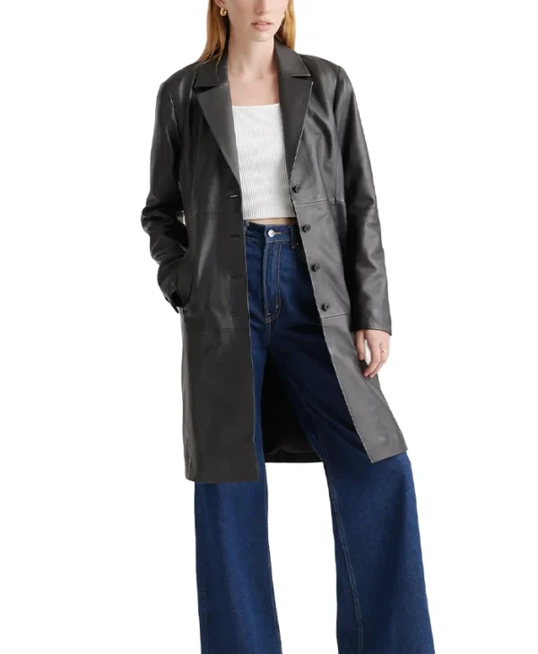 Womens Black Leather Long Buttoned Trench Coat Style