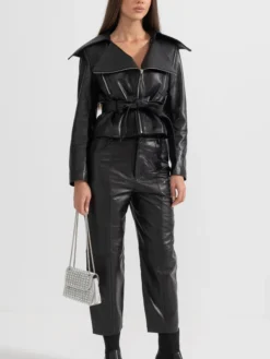 Womens Black Wide Lapel Leather Jacket With Belted